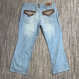 Affliction Men's Size 38x34 Embroidered Pockets‎ Classic Straight Leg Jeans Blue